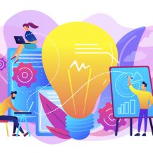 Business people analyzing and lightbulb. Competitive intelligence and environment, information and marketplace analysis concept on white background. Bright vibrant violet vector isolated illustration